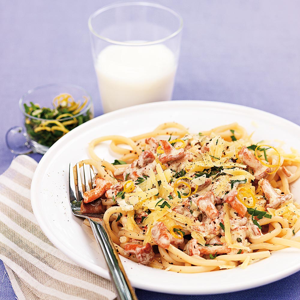 Spaghetti med svamp och timjangremolata